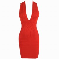 Back Criss-Cross Sleeveless V-Neck Solid Color Sexy Style Polyester Bandage Dress For Women red